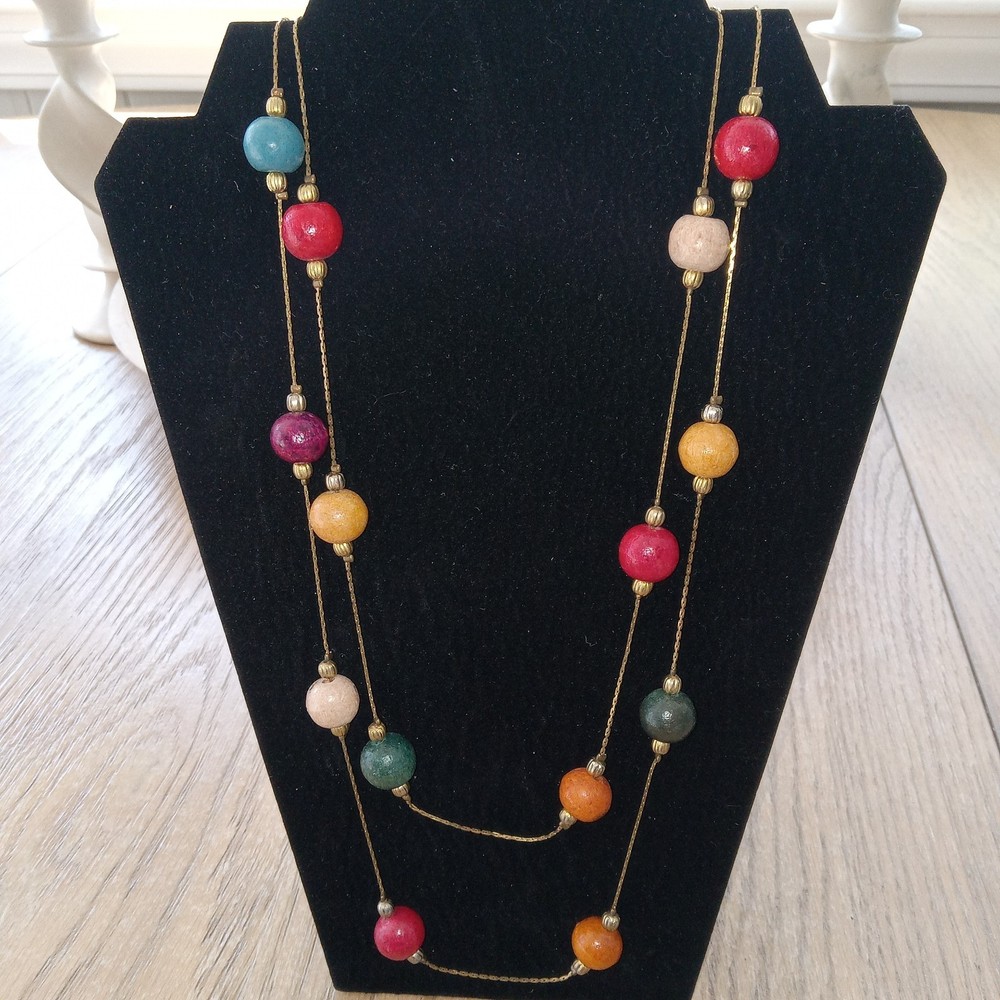 Vintage Boho Hippy Wood And Gold tone Bead Chain 60