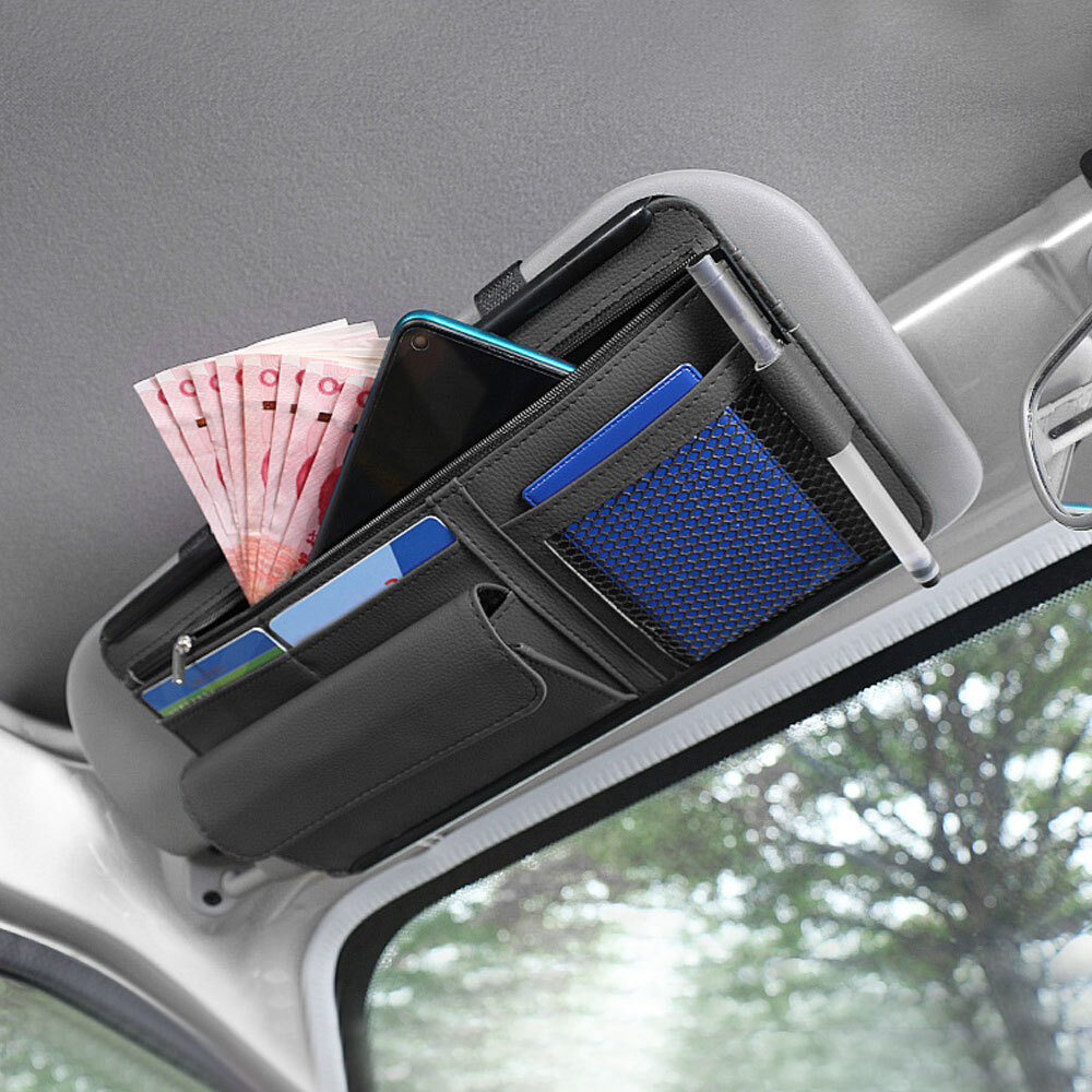 Car Interior Accessories Sun Visor Storage Bag Card Phone Holder Organizer Black