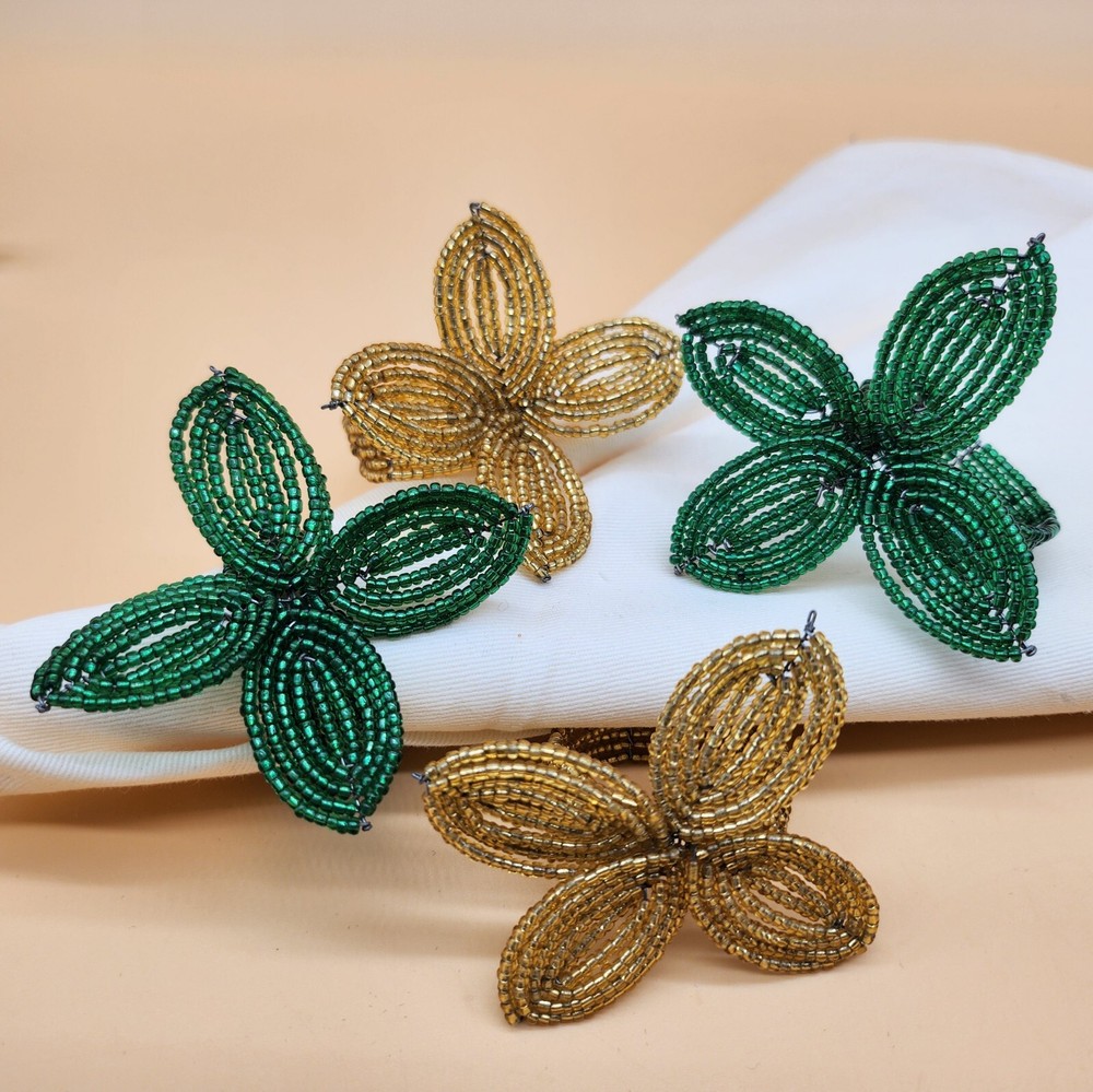 Vintage Set of 4, Beaded Green/Gold 4 Petals Flower Shape Napkin Rings