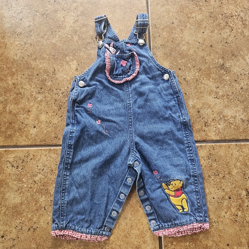 Vintage Disney Overalls Baby POOH Piglet Gingham Denim Size 6 Mos Embroidered