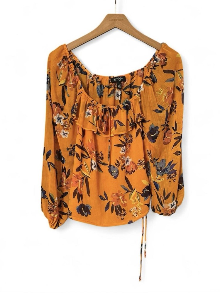 Jessica Simpson Orange Floral Blouse Size Small Boho Chic Long Sleeve Top