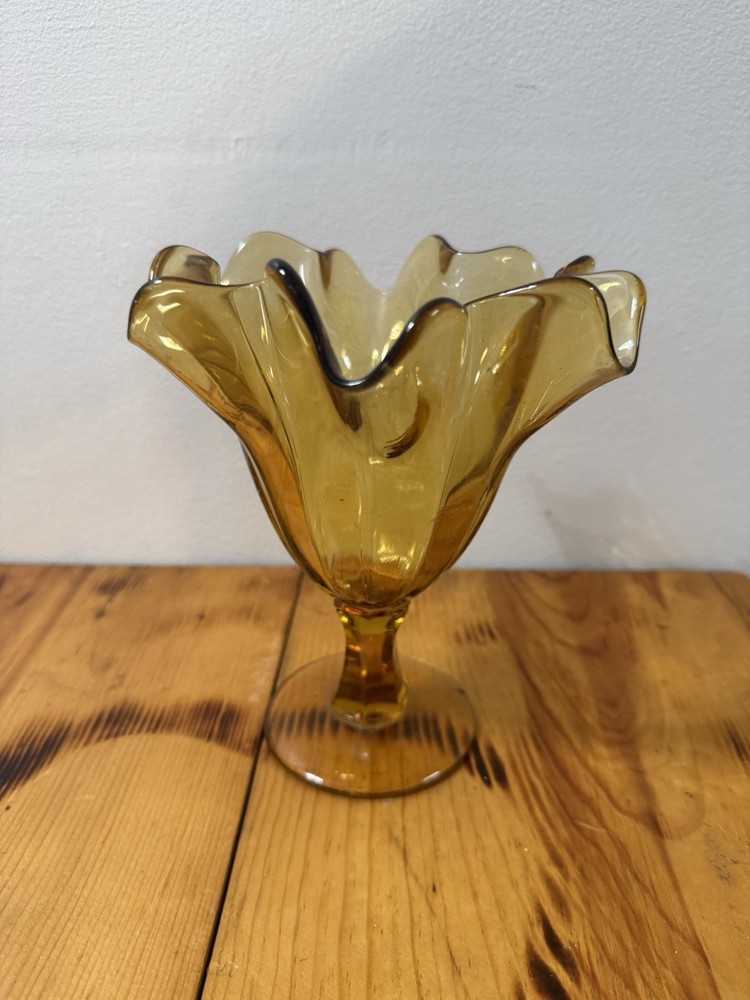 Vintage Amber Swung Glass Vase Ruffled Rim Pedestal Mid Century Art Glass 8”