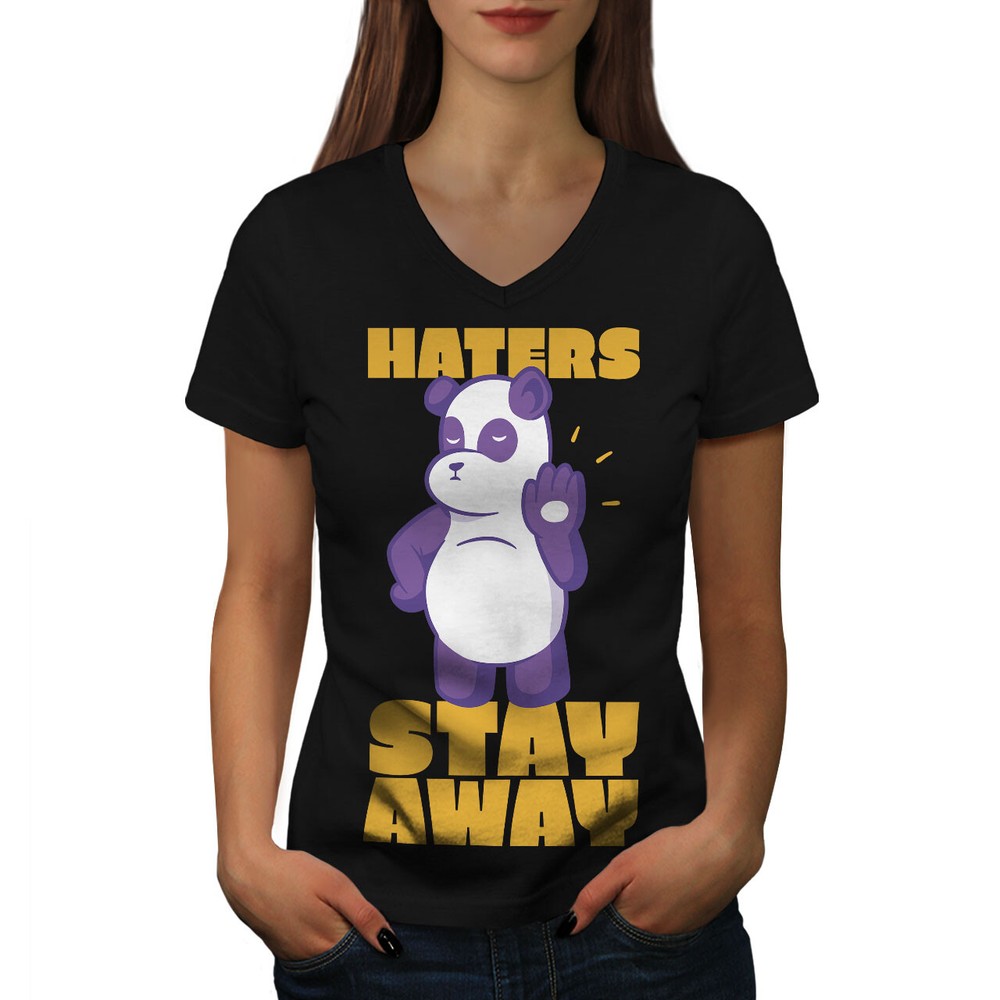 Wellcoda Haters Stay Away Panda Cool Hand Gesture Womens V-Neck T-shirt