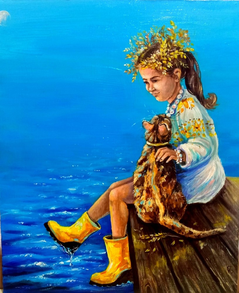 Original Ukrainian Girl Painting with Cat, Folk Art Woman Portrait, Handmade Art
