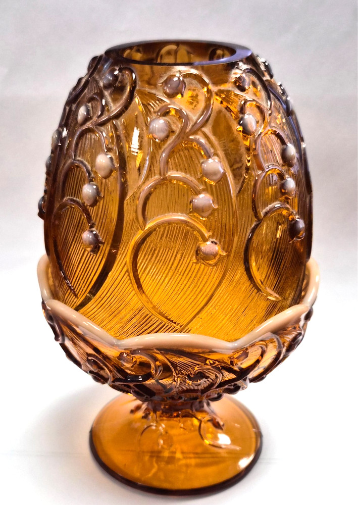 AS-IS Fenton Lily Of The Valley Amber Opalescent Footed Fairy Lamp