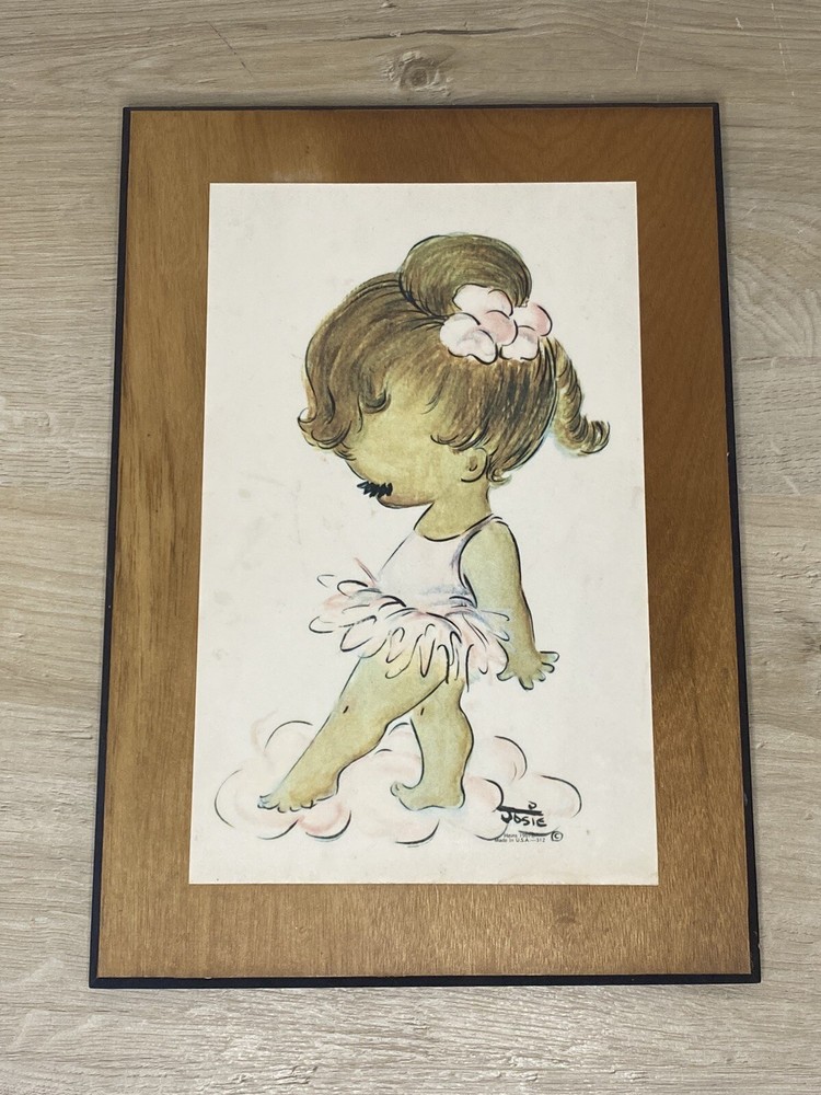Vintage 1967 Josie Heins Print On Wood Wall Art Little Girl Pink Tutu Ballet
