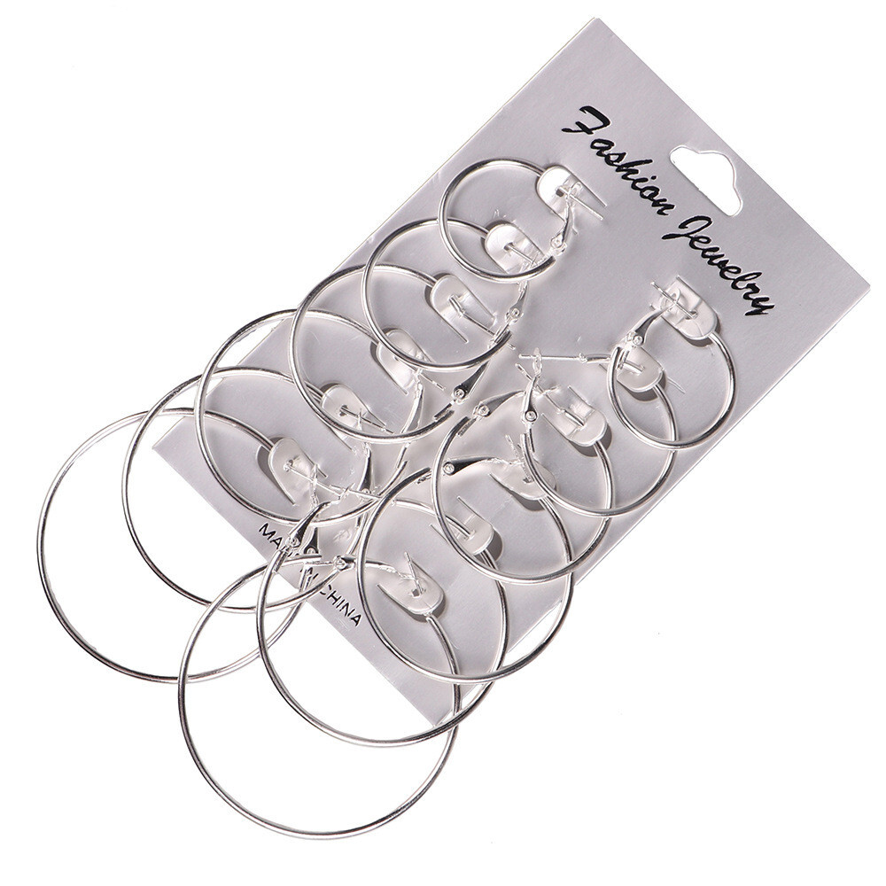 6Pairs/set Vintage Silver Gold Big Circle Hoop Earrings Women Steampunk Ear Clip