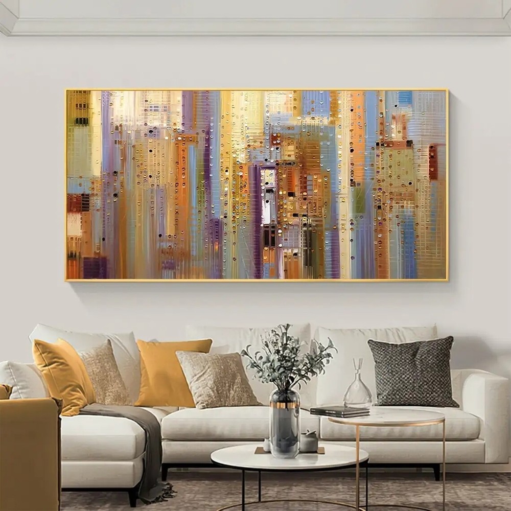 Abstract Colorful Cityscape Oil Painting on Canvas Handmade Golden Art Palette
