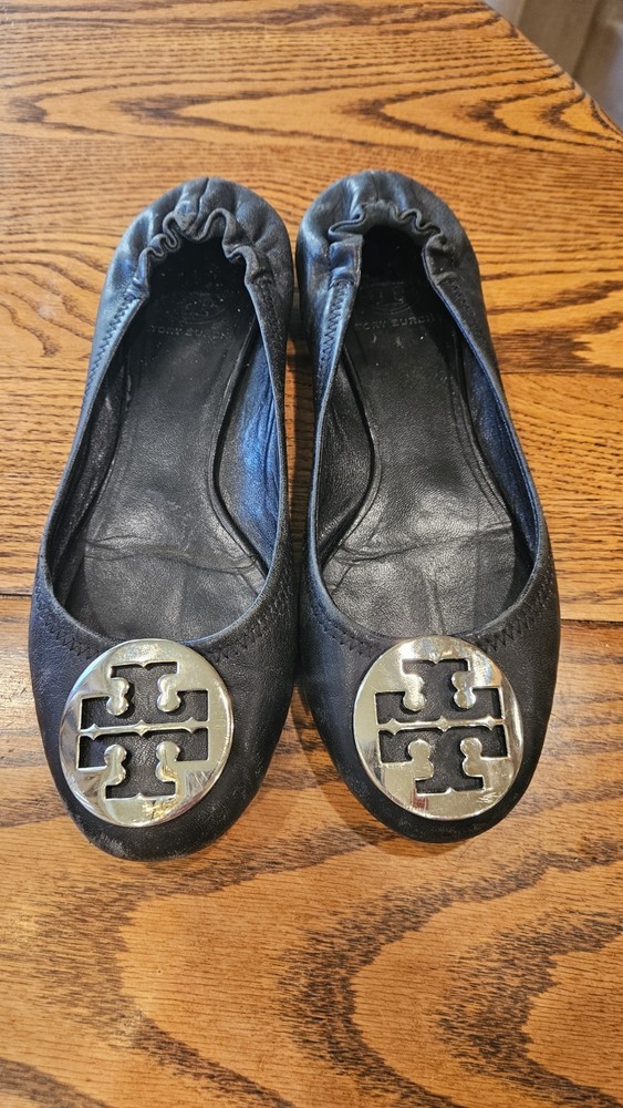 Tory Burch Women's Elastic Back Leather Ballet Flats Black/Silver, Size 8