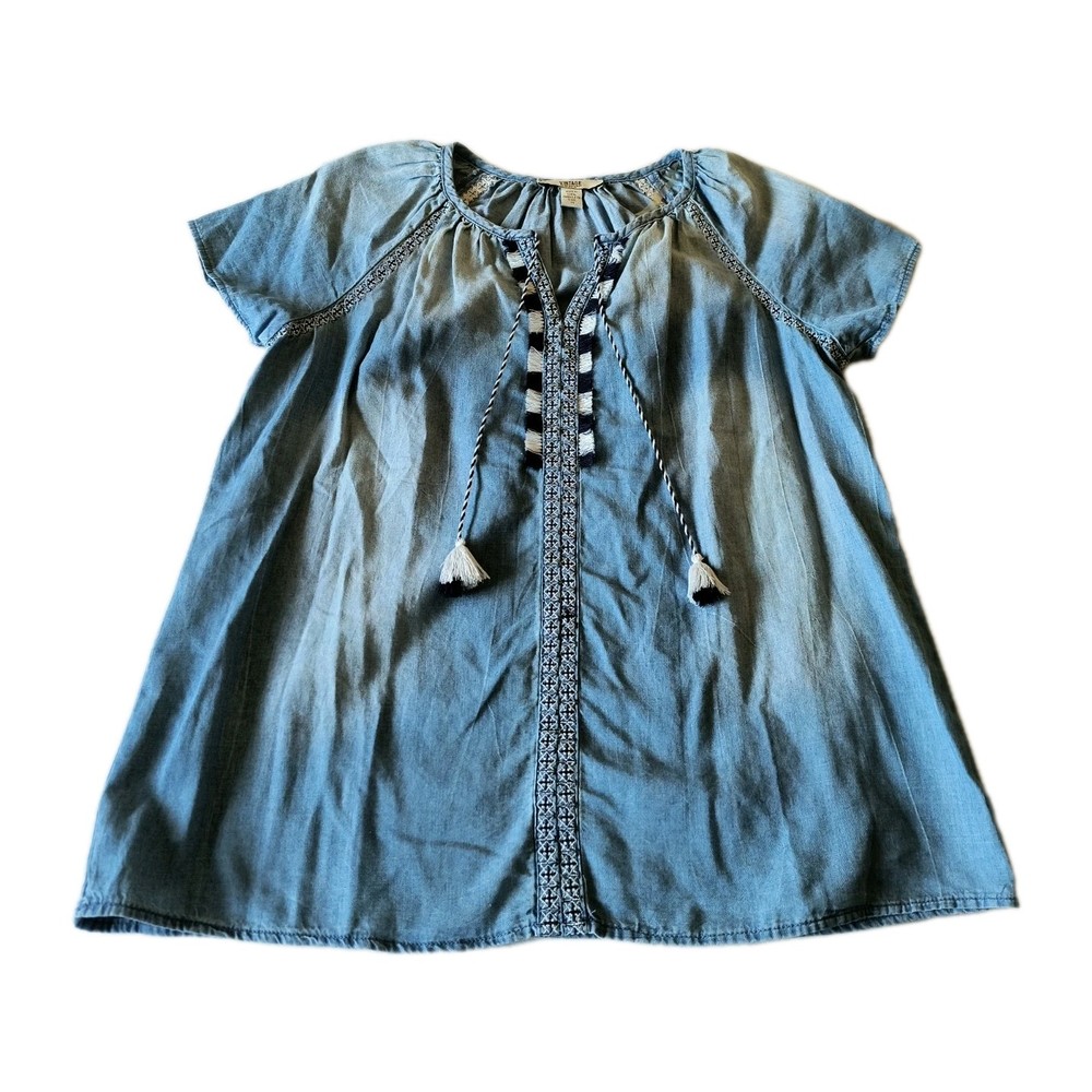 Vintage America Blues Medium Faded Chambray Top Blue Tie Neck Peasant Boho