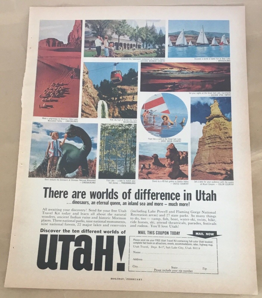 Utah travel tourism print ad 1967 art vintage retro 1960s dino Mormon Country