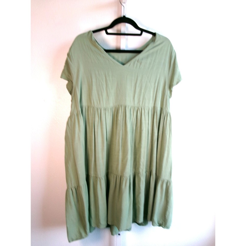 Womens Sage Green Tiered Midi Dress Short Sleeve Cottagecore Boho