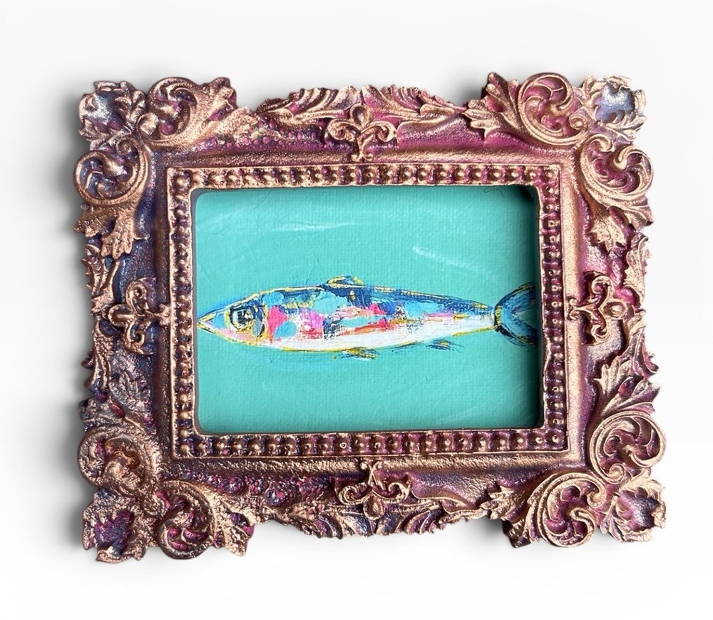 Colorful Sardine Fish mini watercolor print • vintage style ornate frame