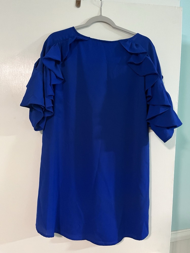 UMGEE Womens Blue Solid Round Neck Pullover Blouse Short Ruffle Sleeves