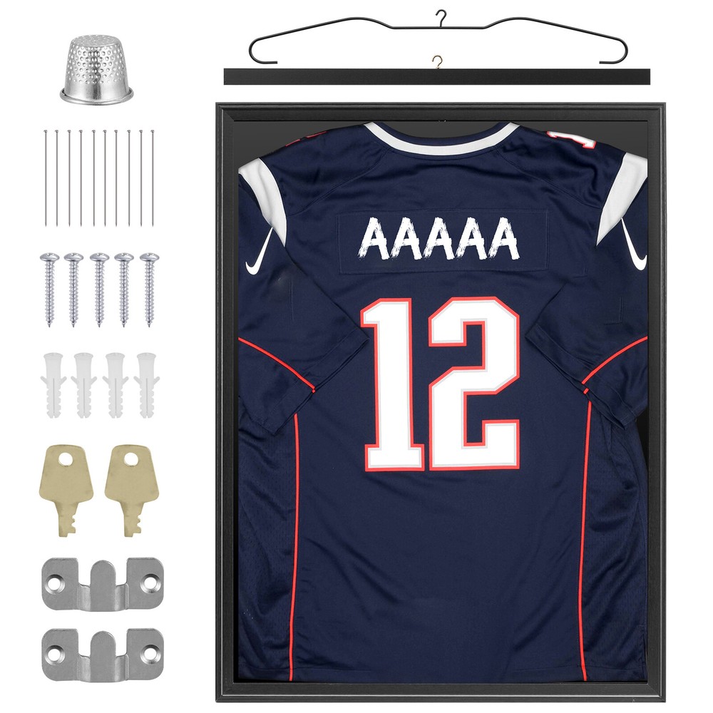 Jersey Display Case Frame Shadow Rack Box Exquisite Lockable with Hanger Wood