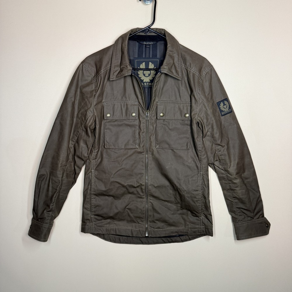 Belstaff Gold Logo Waxed Canvas Motorcycle Jacket Brown Full Zip Men's Small S