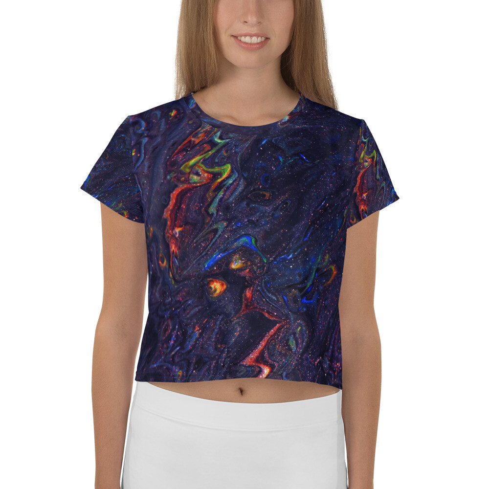 Multicolored psychedelic Abstract painted graphic on an All-Over Print Crop Tee-image