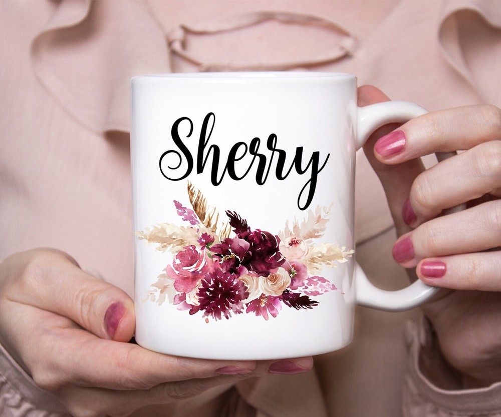 Name Coffee Mug Personalized Mug Monogram Mug Bridesmaid Gift Burgundy Flowers