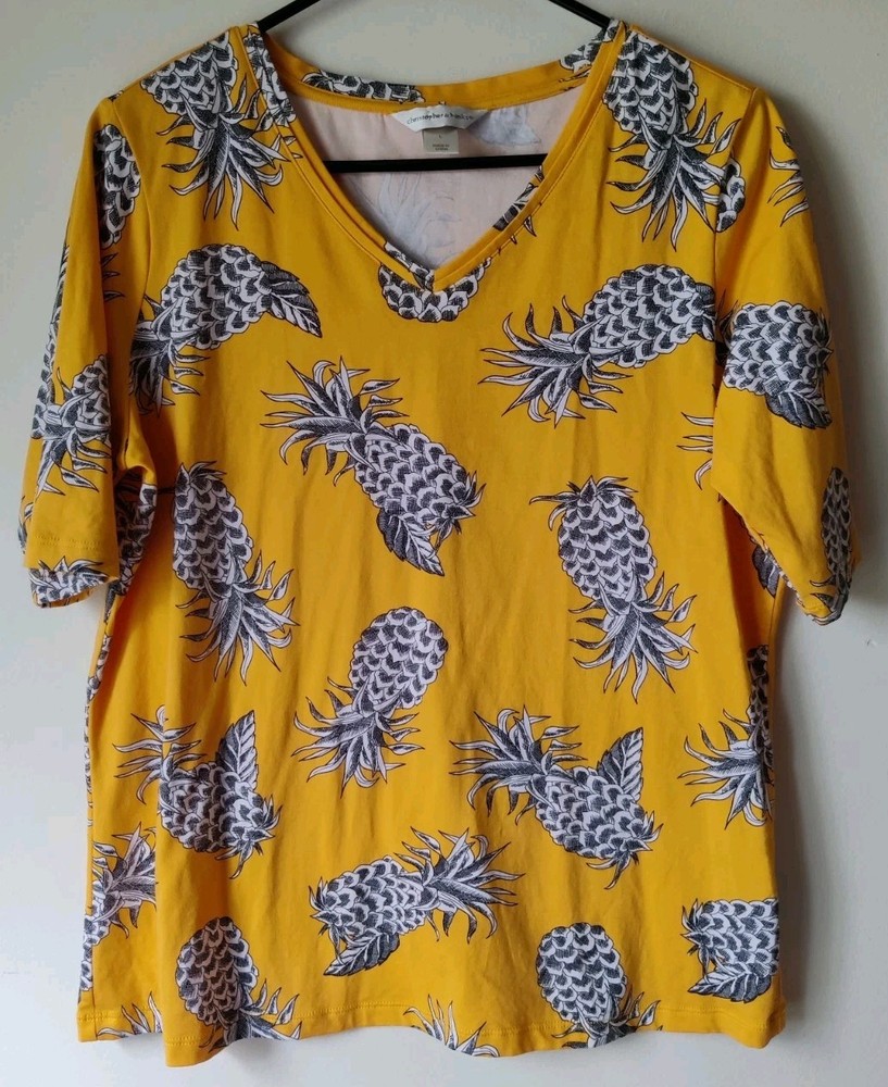 Christopher & Banks Women's Short Sleeve T-Shirt Yellow Pineapples Size Large