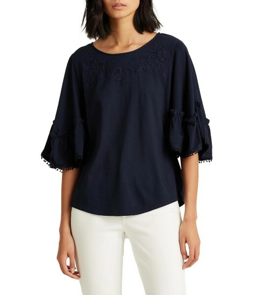 Ralph Lauren women's Jersey Ruffle Trim Top Shirt -size Small - Navy