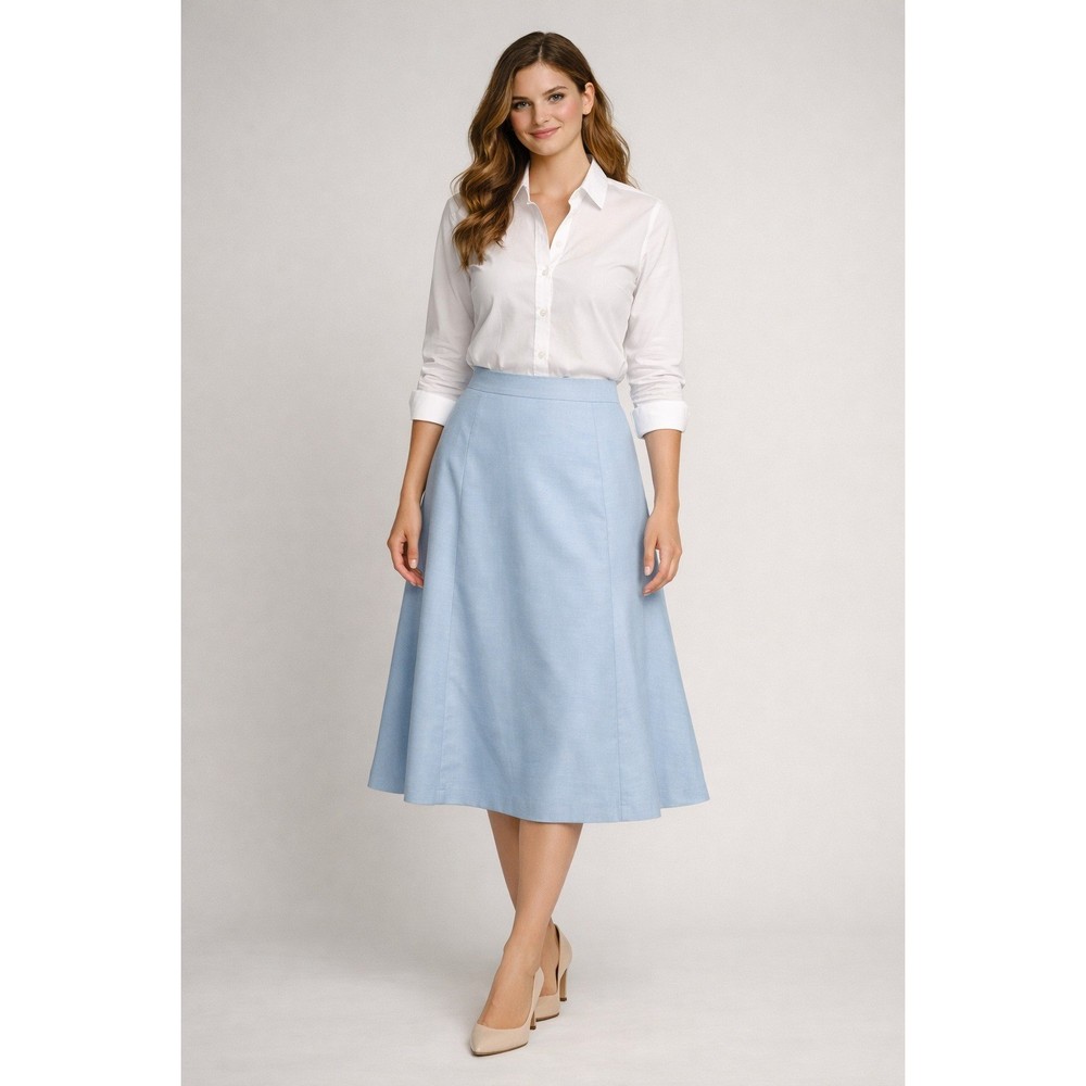 A-Line Midi Skirt Womens Size 14 Light Blue Button Tab Flared Hem Emma James