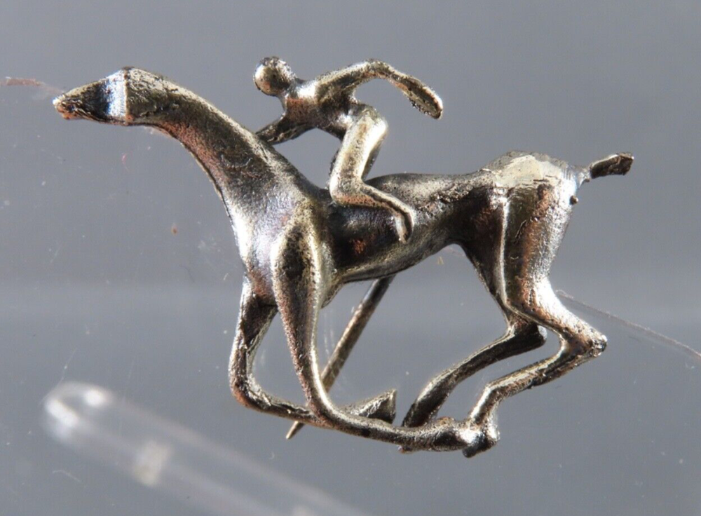Vintage SILVER TONE PIN Hat Lapel HORSE RACING w/Jockey Rider L SHAPED PINBACK
