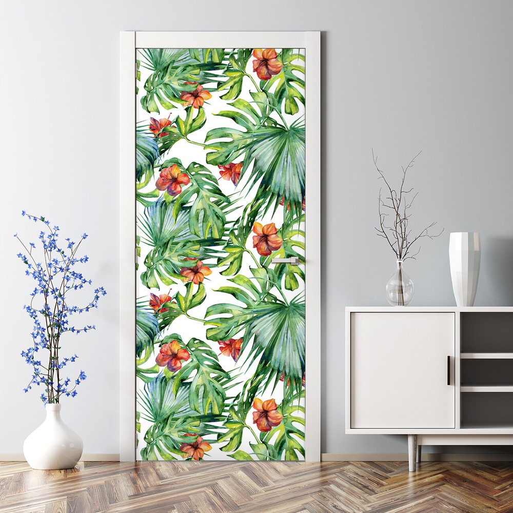 Hawaii Vibes Leaf Watercolor Bubble-Free Door Sticker Floral Decor Decal