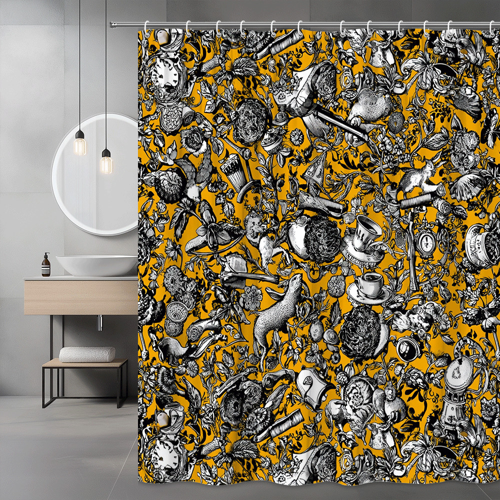 Orange Black Floral Graphic Shower Curtain Abstract Print