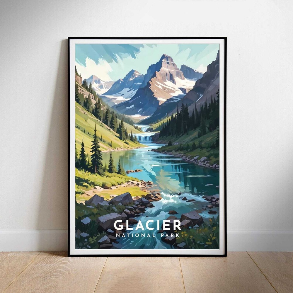 Glacier Retro National Park Travel Poster Printable Wall Art Instant Hanging Decor