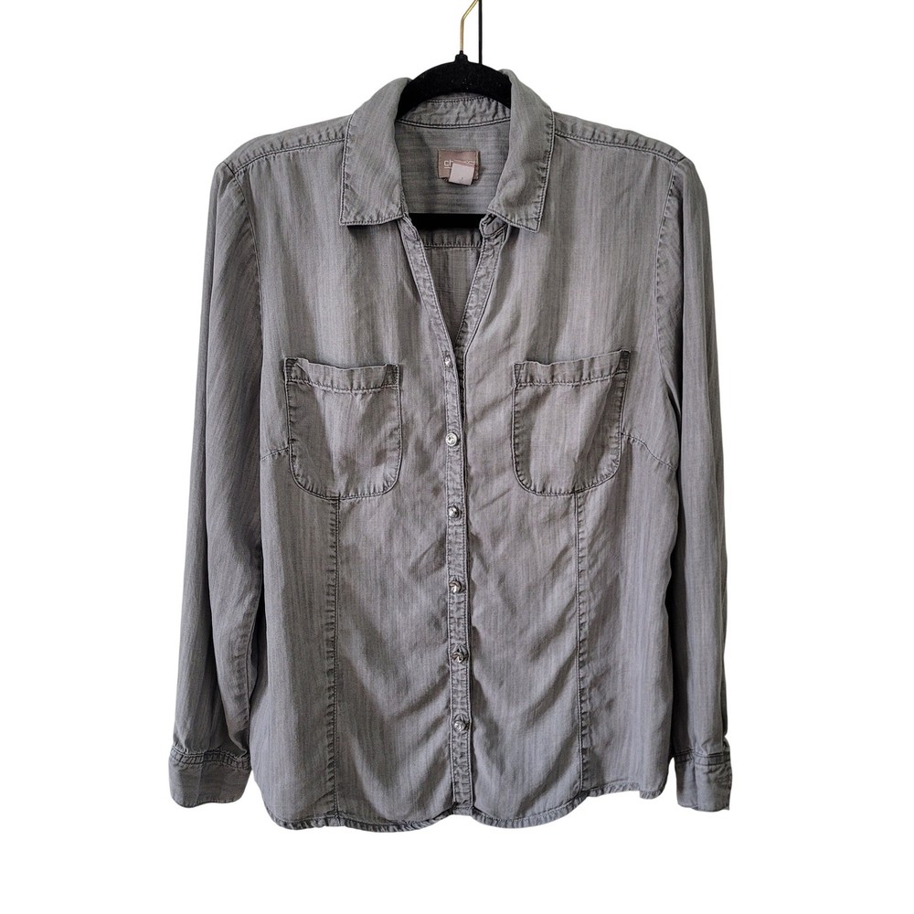 Chico's Size 2 US L Button Down Shirt Gray Rhinestone Tencel Long Sleeve