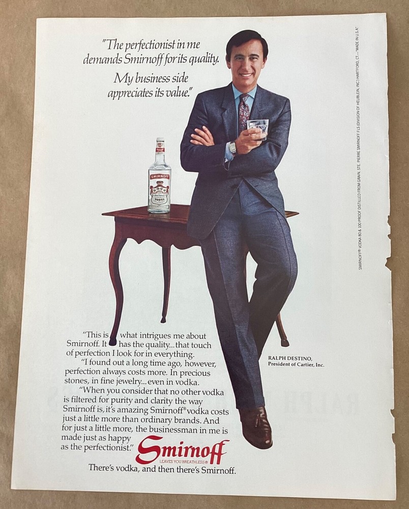 Smirnoff vodka print ad 1982 vintage 1980s retro art advrt Ralph Destino Cartier