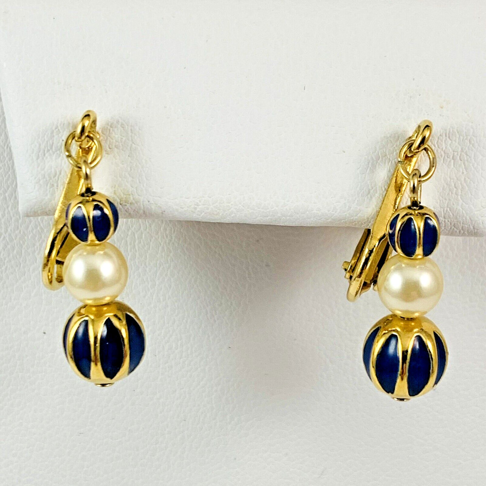 Vintage NAPIER Signed Cobalt Blue Enameled Gold Tone Adjustable Clip Earrings