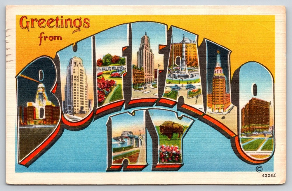 Greetings From Buffalo New York~Monument~Bridge~Large Letter Linen 1952 Postcard