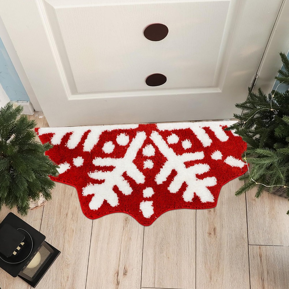 Red Winter Snowflake Semi-Circular Bath Rug Non-Slip Soft Cozy