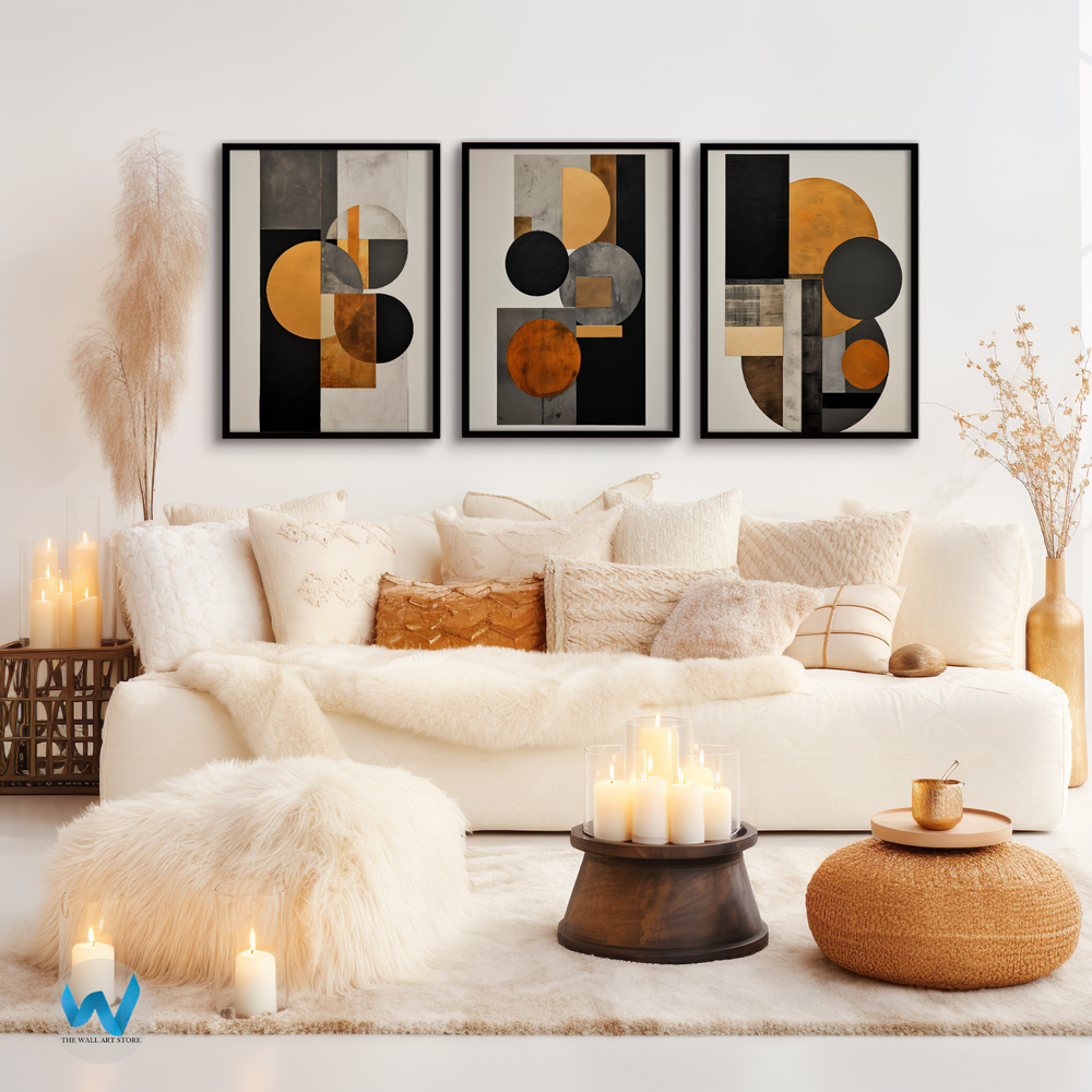 Geometric Gold Metallic Circle Art Poster Set of 3 - Framed or Unframed-image