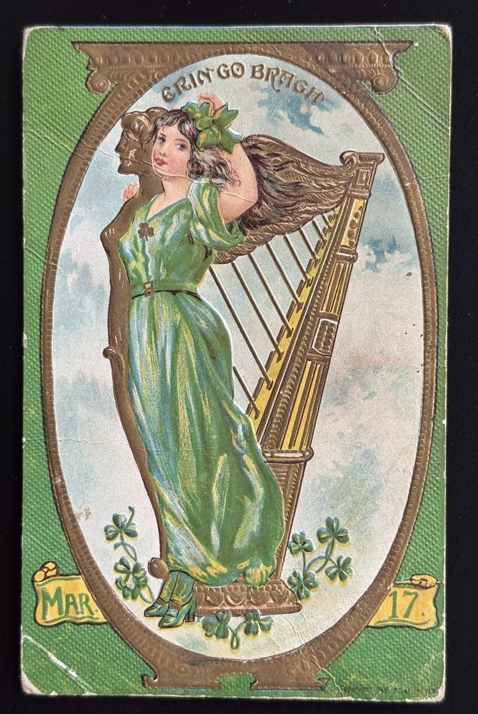 Erin Go Bragh Girl with Harp St. Patrick’s Day Postcard 1910 Embossed Irish