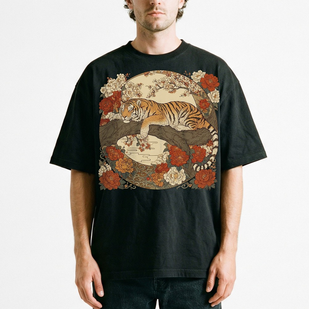 Sleeping Tiger Cherry Blossoms Peonies Japanese Vintage t-shirt Asian Floral Tee