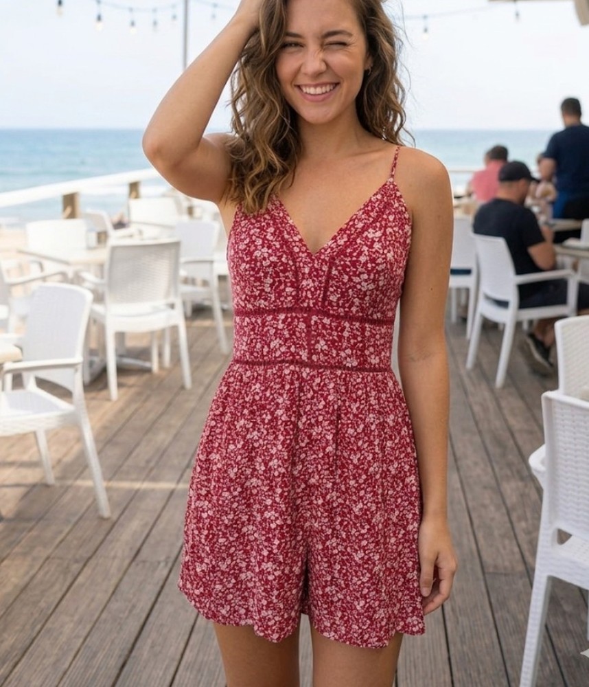 American Eagle Size XS Romper Red Floral Ditsy Print V-Neck Pockets Summer Boho