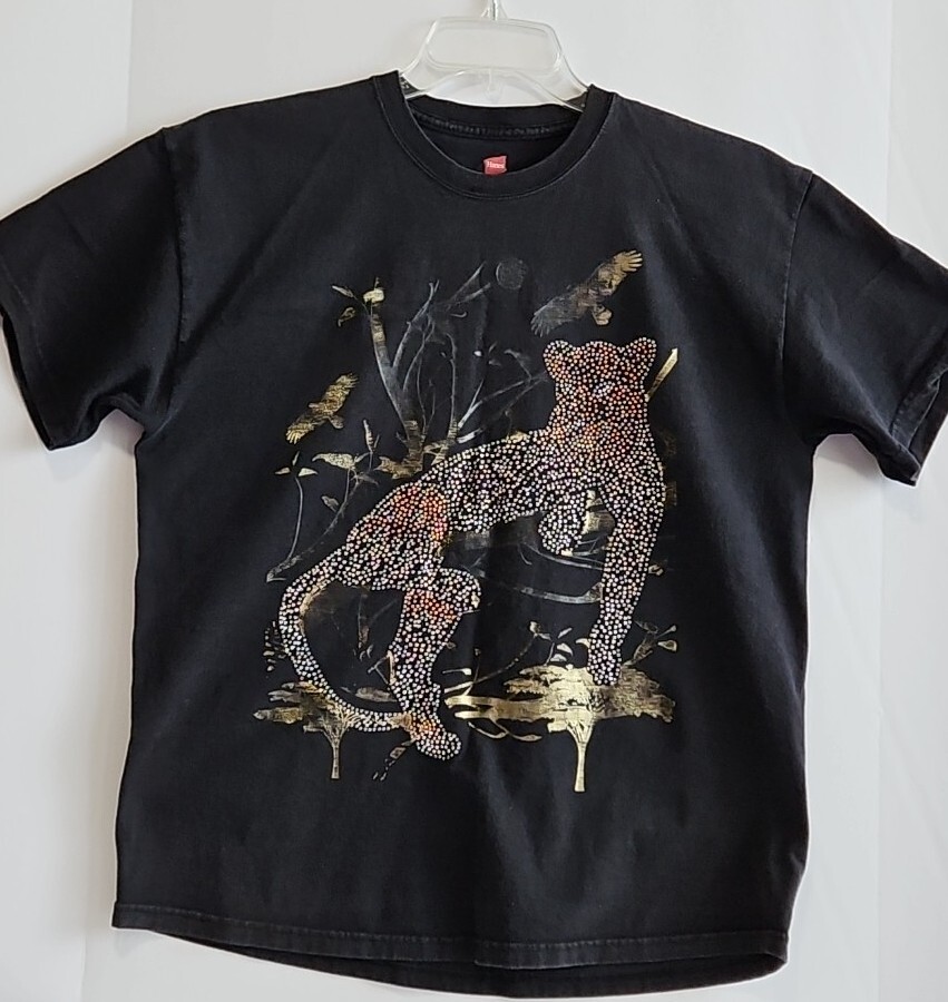 Vintage Hanes Black T Shirt Sz L Embellished Rhinestone Wildcat Gold Foil Paint