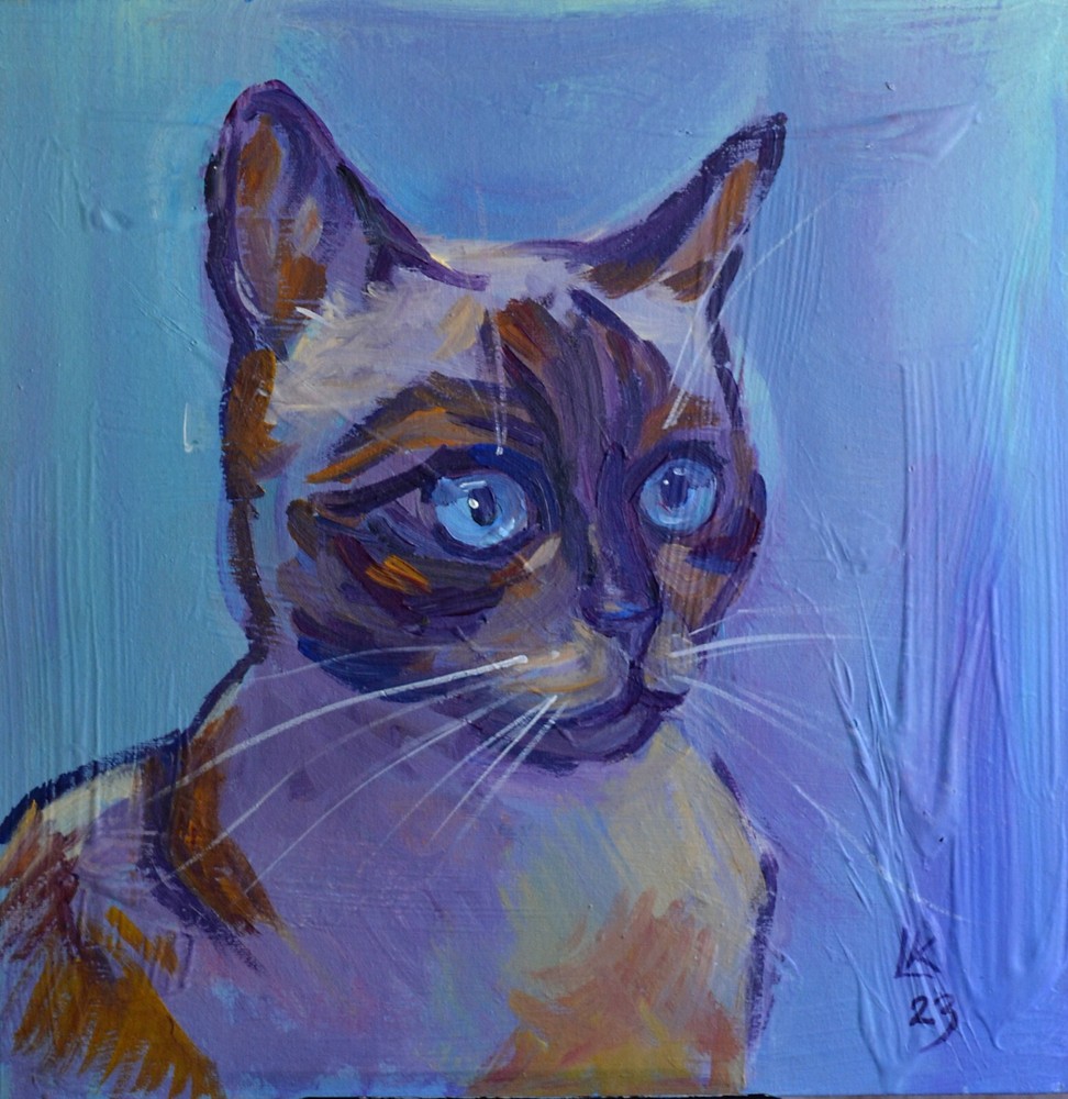 Original Siamese Cat Portrait Bold Brush Strokes Cool Blue Tones Expressive Eyes