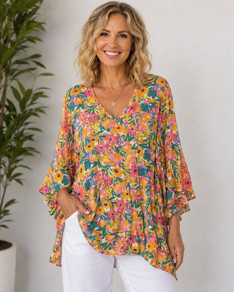 Anne Cole Floral Boho Peasant Tunic Top XL XXL Pink Yellow Rayon Ruffle Sleeve