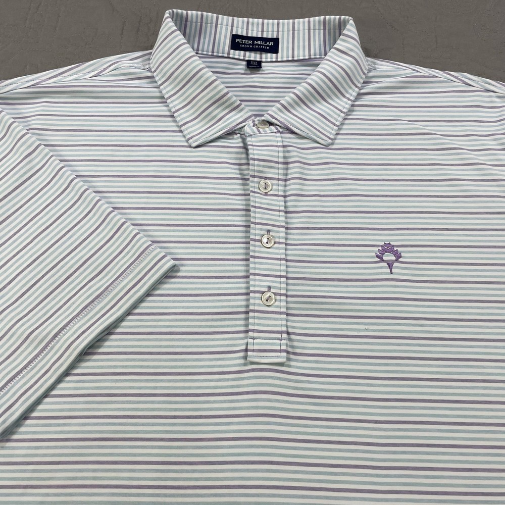 Peter Millar Polo Shirt Mens 2XL Purple Blue Striped Crown Crafted Golf Stretch