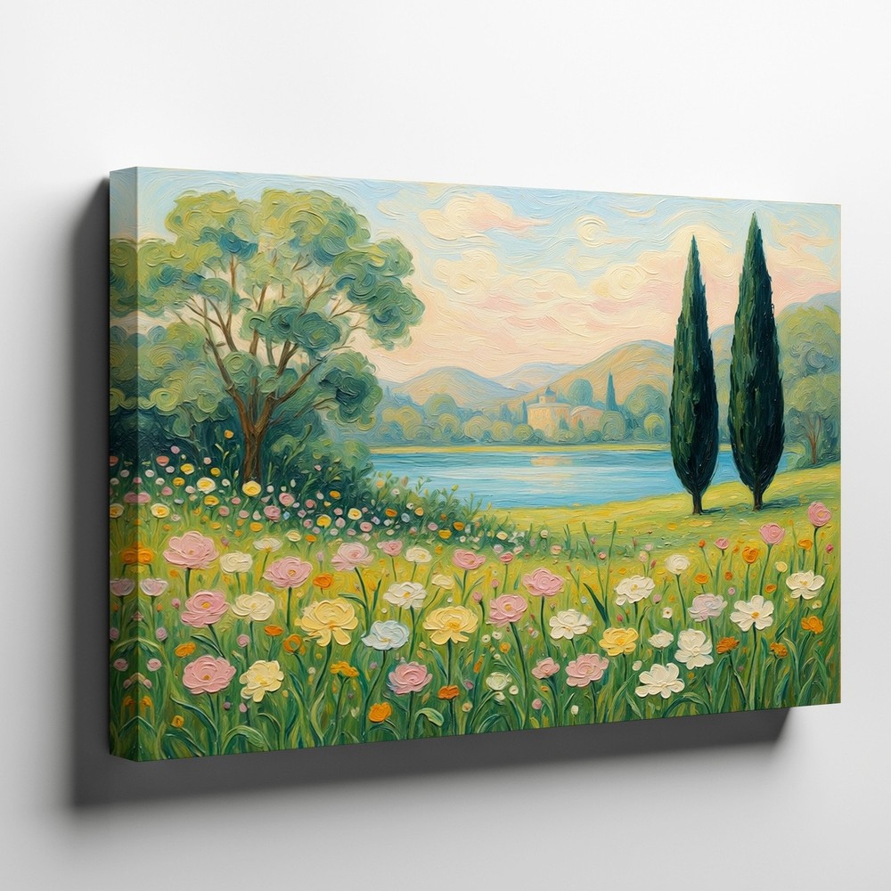 Colorful Flower Meadow Canvas Wall Art with Lake Trees and Hills Landscape Print