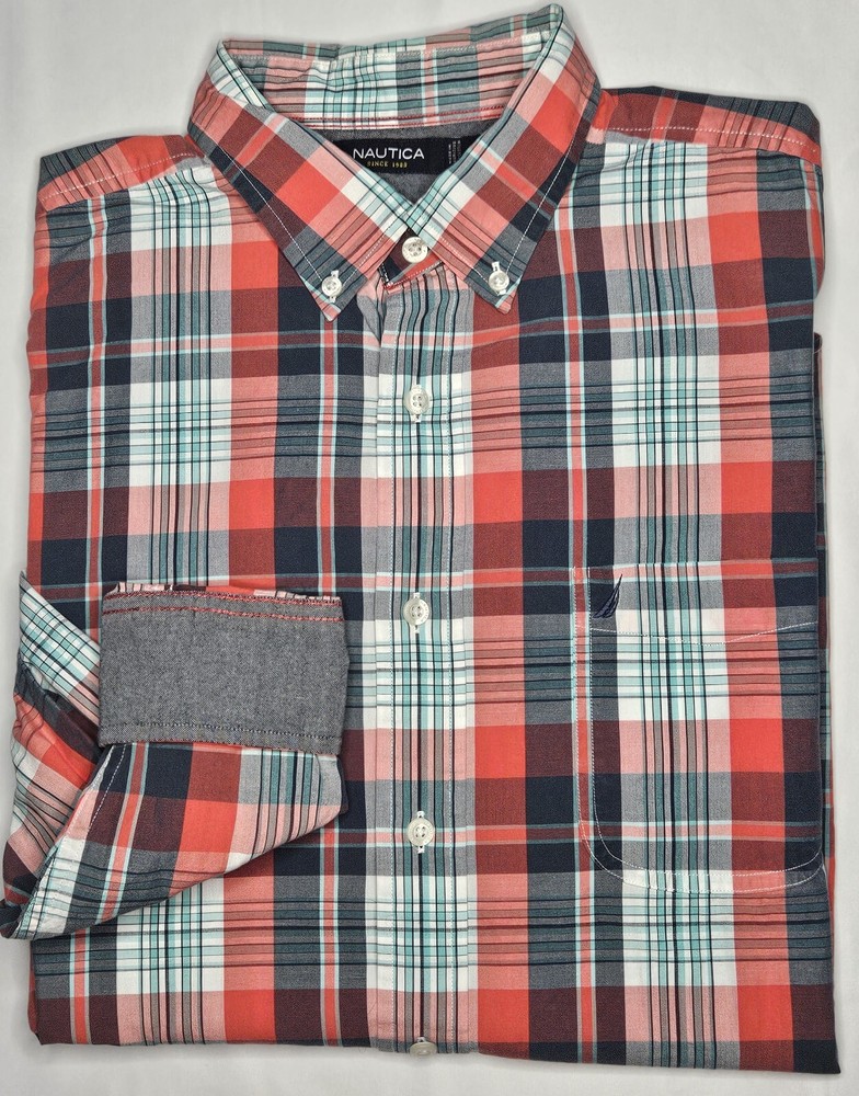 Mens Nautica Long Sleeve Plaid Button Front Shirt Size Large - EUC
