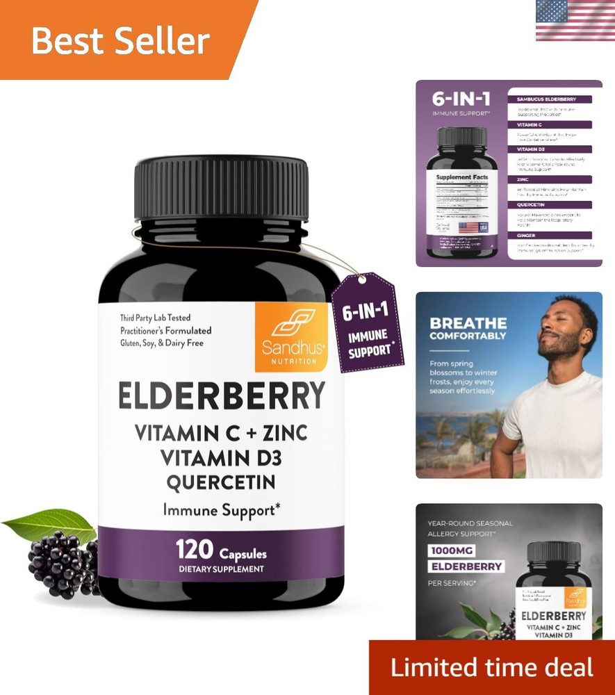 Herbal Immune Support with Elderberry, Zinc, Quercetin & D3 - 120 Capsules