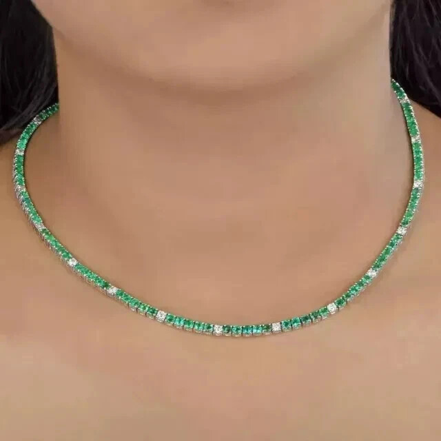 17 Carat Lab-Created Emerald Tennis Necklace in 14k White Gold Plated