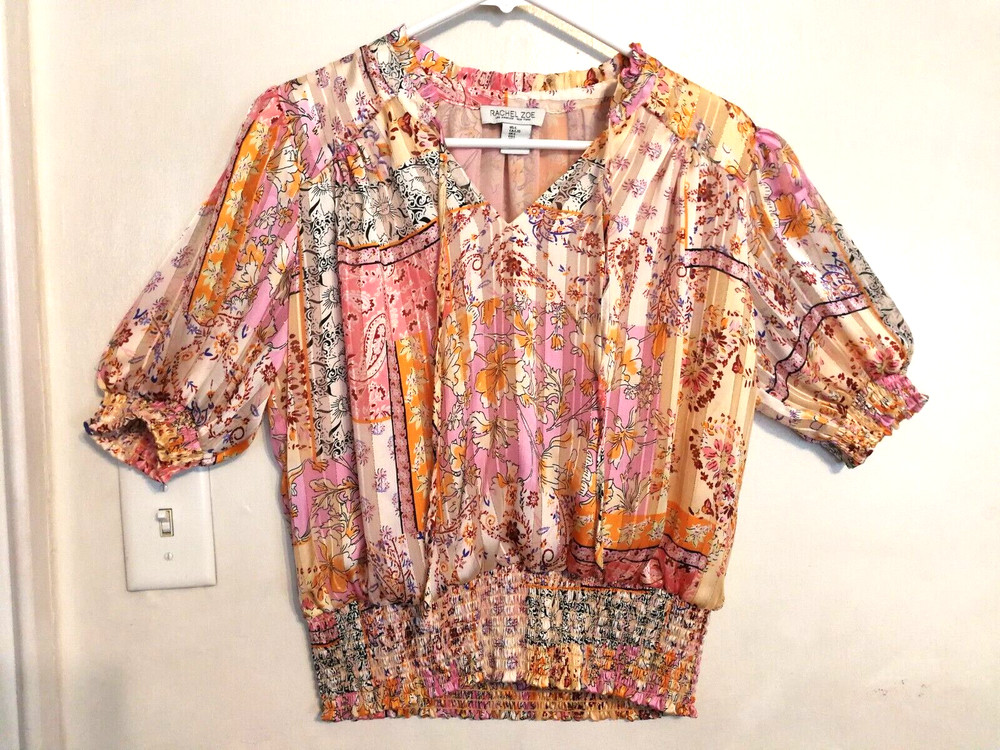 Rachel Zoe Womens Blouse L Floral Paisley Pink Cream Orange V-Neck Short Sleeve