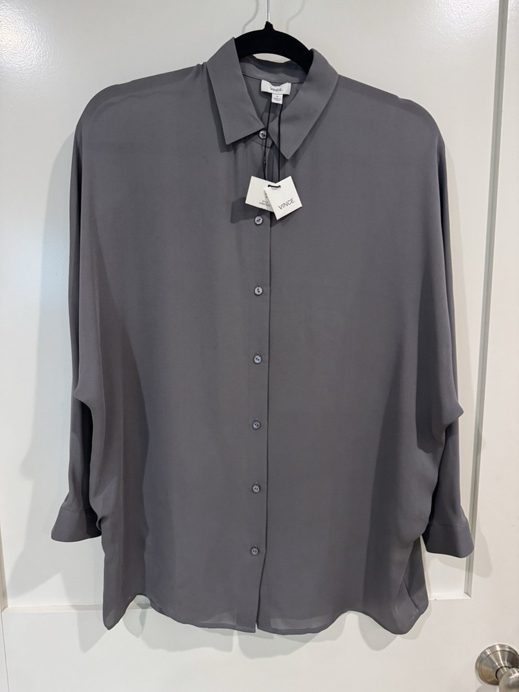 NWT Vince 100% Silk 3/4 Dolman Slv Button Up Sz M Flowy Blouse Pleated Back Gray
