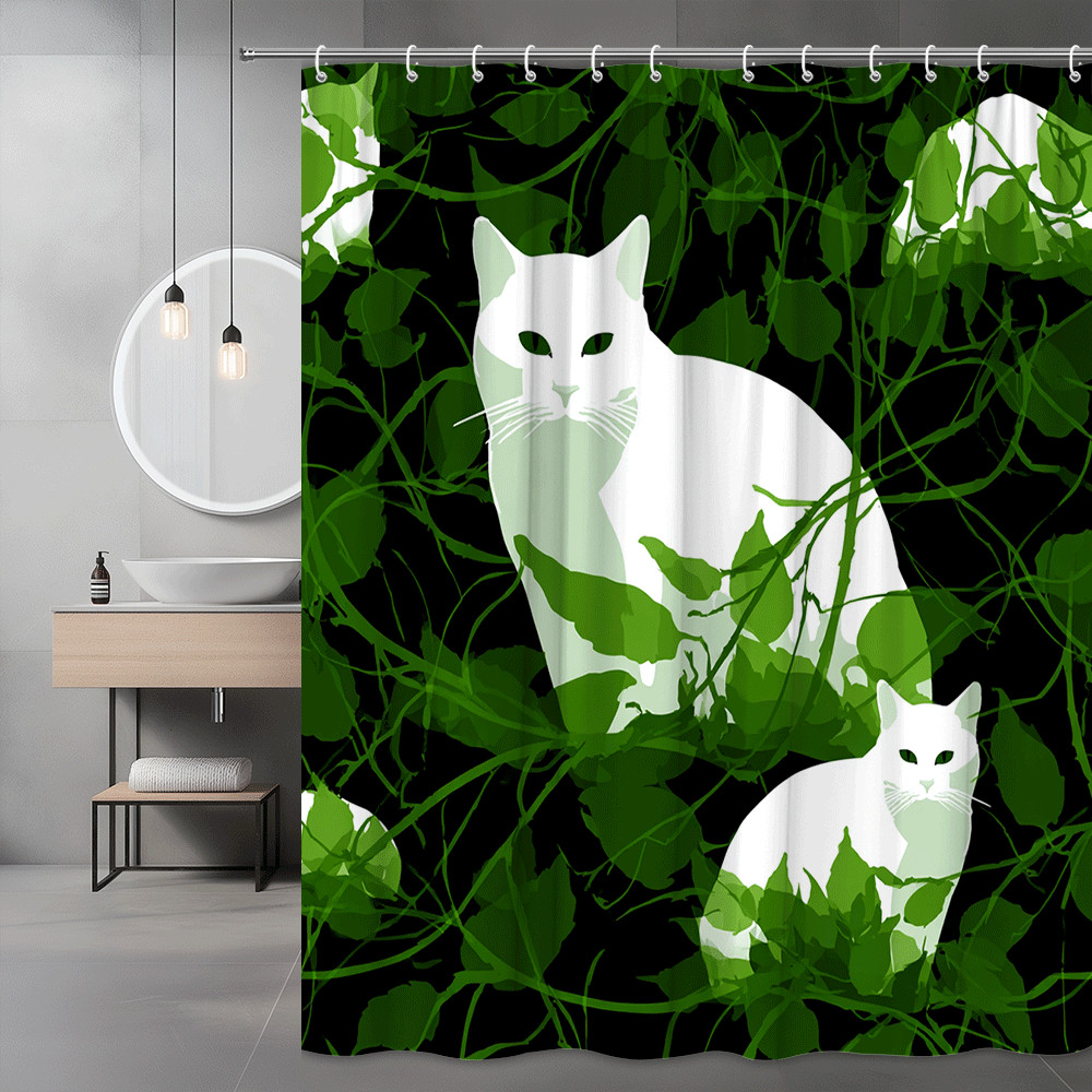 Black Green Cat Shower Curtain Floral Leaf Print