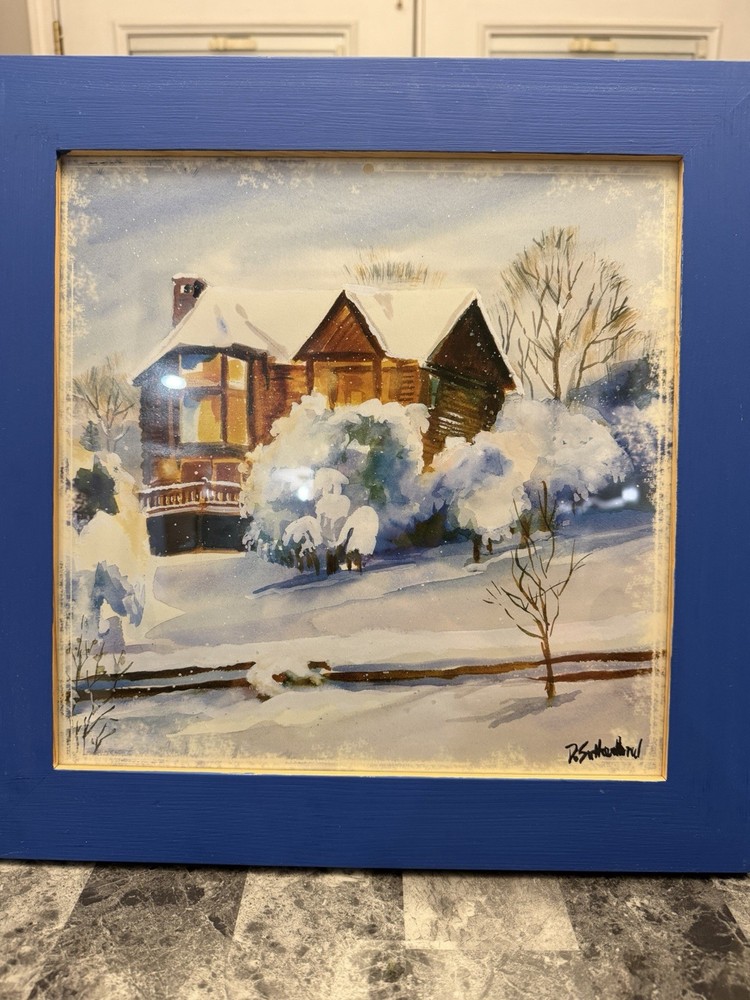 R. Sutherland Winter House Landscape Watercolor Framed Print